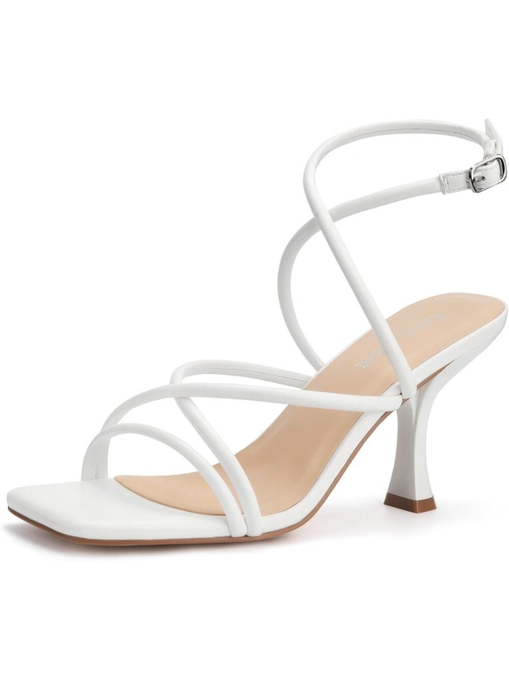 Women's White Square Toe Strappy Lace Up Heel Sandals Ankle Buckle Kitten Heel
